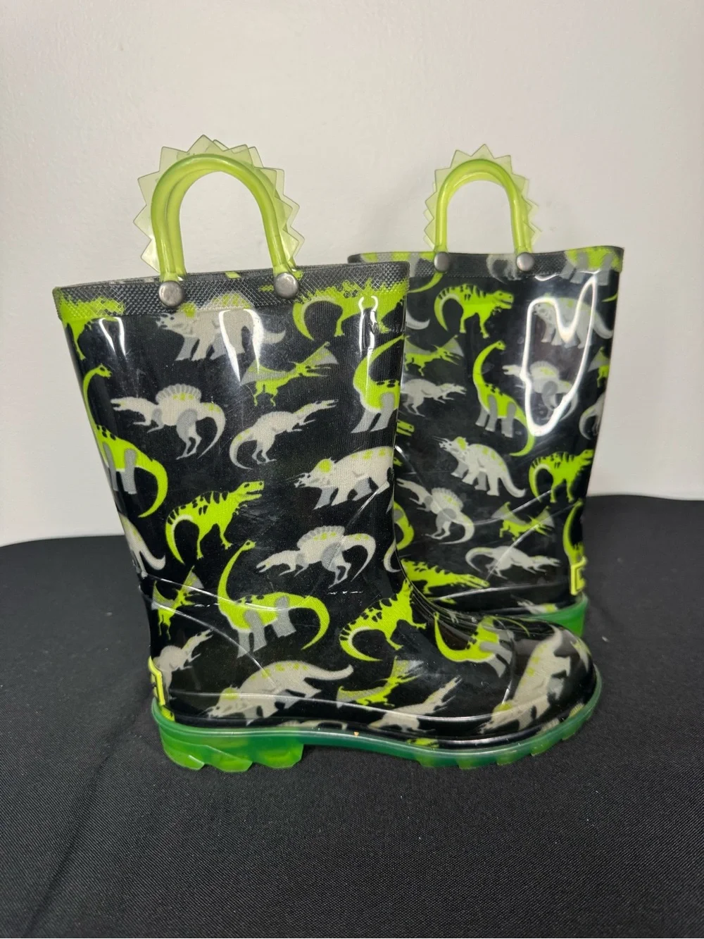 Western Chief Wade Dino Lighted Rain Boots Black Neon Green